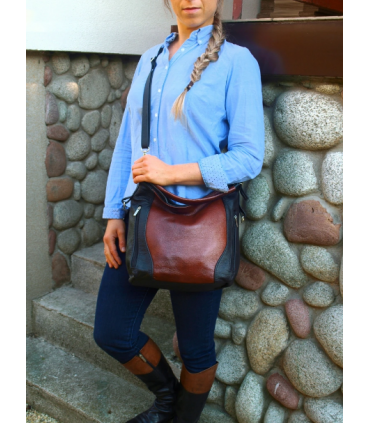 Skórzana brązowo-czarna torebka listonoszka z zamkami