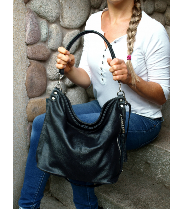 Black leather purse / sack / crossbody bag with fringe and wallet