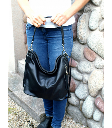 Black leather purse / sack / crossbody bag with fringe and wallet