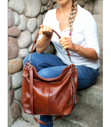 Brown, Cognac leather handbag / bag / crossbody bag with a fringe and a wallet