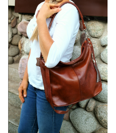 Brown, Cognac leather handbag / bag / crossbody bag with a fringe and a wallet