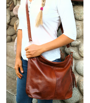 Brown, Cognac leather handbag / bag / crossbody bag with a fringe and a wallet