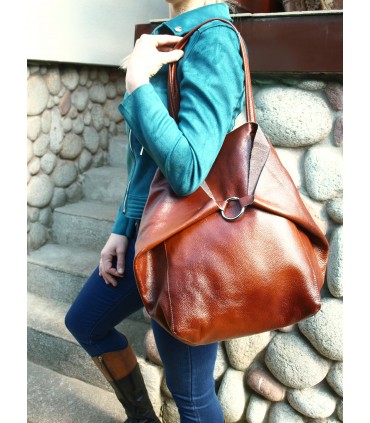 Leather Cognac 2in1 bag with a cosmetic bag,oversize handbag