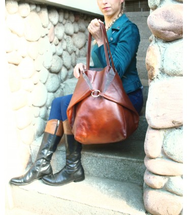 Leather Cognac 2in1 bag with a cosmetic bag,oversize handbag