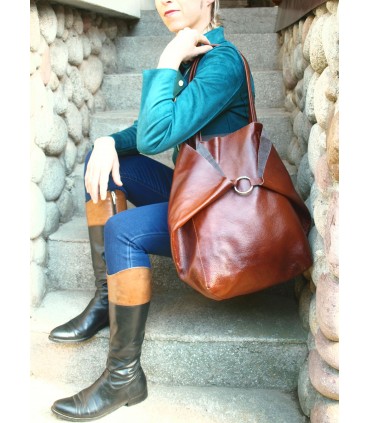 Leather Cognac 2in1 bag with a cosmetic bag,oversize handbag