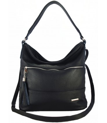 Skórzana czarna torebka/worek z blaszką i frędzlem