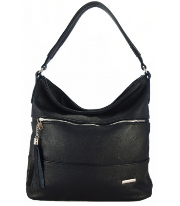 Skórzana czarna torebka/worek z blaszką i frędzlem