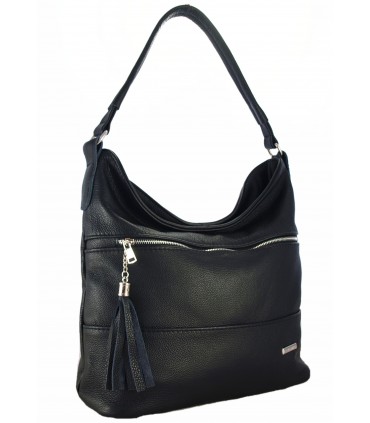 Skórzana czarna torebka/worek z blaszką i frędzlem