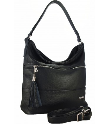 Skórzana czarna torebka/worek z blaszką i frędzlem