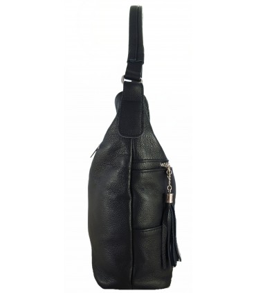 Skórzana czarna torebka/worek z blaszką i frędzlem