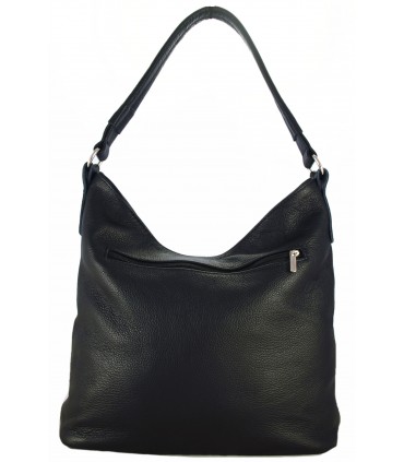 Skórzana czarna torebka/worek z blaszką i frędzlem