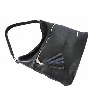 Skórzana czarna torebka/worek z blaszką i frędzlem