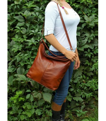 Skórzana brązowo-ruda torebka/worek/listonoszka
