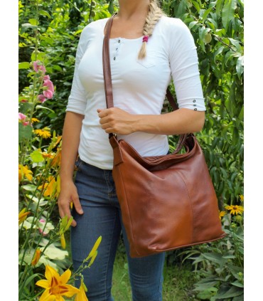 Skórzana brązowo-ruda torebka/worek/listonoszka