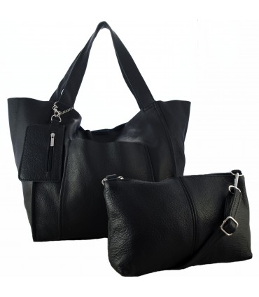 Skórzana  Torebka Worek Listonoszka 2w1 z kosmetyczką  Czarna