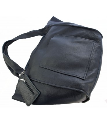 Skórzana  Torebka Worek Listonoszka 2w1 z kosmetyczką  Czarna