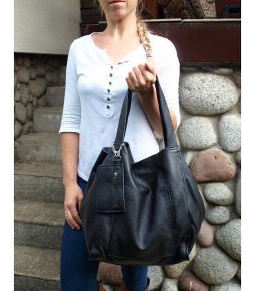 Skórzana  Torebka Worek Listonoszka 2w1 z kosmetyczką  Czarna