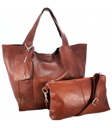 Skórzana  Torebka Worek Listonoszka 2w1 z kosmetyczką  Brązowo-rudy