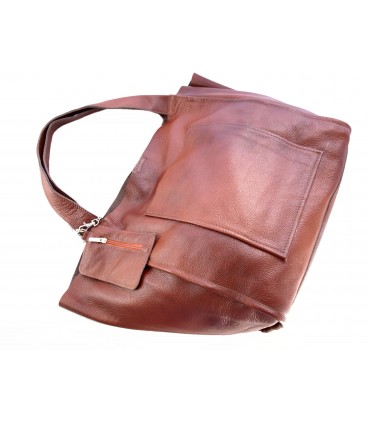 Skórzana  Torebka Worek Listonoszka 2w1 z kosmetyczką  Brązowo-rudy