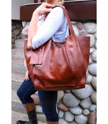 Skórzana  Torebka Worek Listonoszka 2w1 z kosmetyczką  Brązowo-rudy