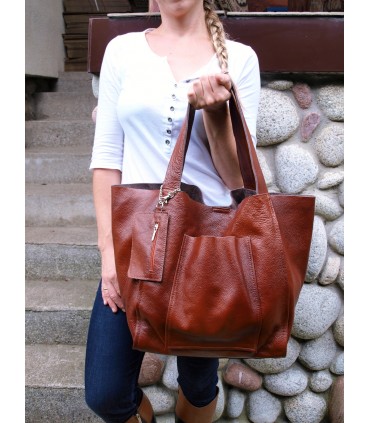 Skórzana  Torebka Worek Listonoszka 2w1 z kosmetyczką  Brązowo-rudy