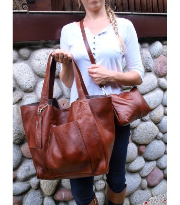 Skórzana  Torebka Worek Listonoszka 2w1 z kosmetyczką  Brązowo-rudy