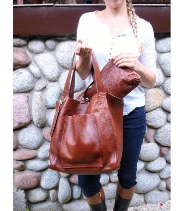 Skórzana  Torebka Worek Listonoszka 2w1 z kosmetyczką  Brązowo-rudy