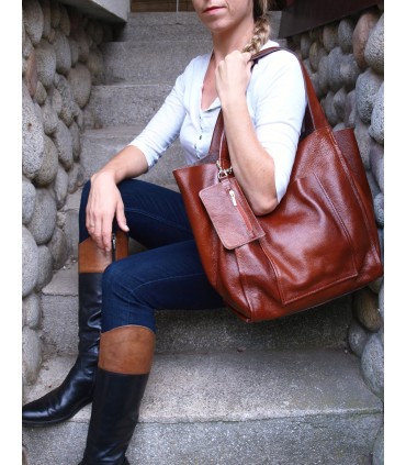 Skórzana  Torebka Worek Listonoszka 2w1 z kosmetyczką  Brązowo-rudy