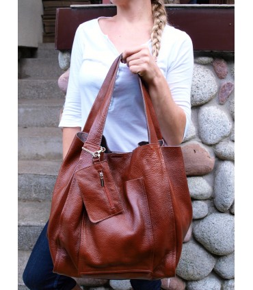 Skórzana  Torebka Worek Listonoszka 2w1 z kosmetyczką  Brązowo-rudy