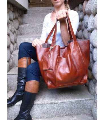 Skórzana  Torebka Worek Listonoszka 2w1 z kosmetyczką  Brązowo-rudy