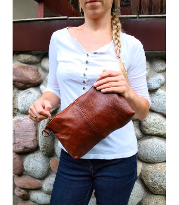 Skórzana  Torebka Worek Listonoszka 2w1 z kosmetyczką  Brązowo-rudy