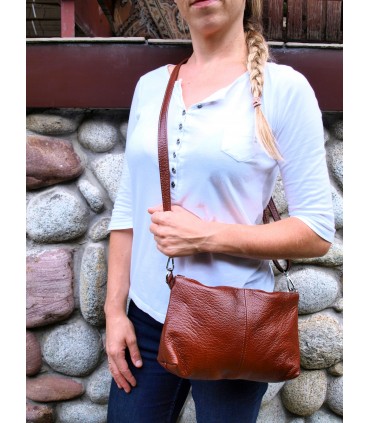 Skórzana  Torebka Worek Listonoszka 2w1 z kosmetyczką  Brązowo-rudy