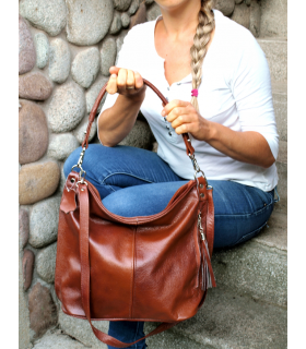 Brown, Cognac leather handbag / bag / crossbody bag with a fringe and a wallet