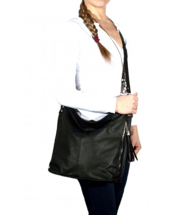 Black leather purse / sack / crossbody bag with fringe and wallet