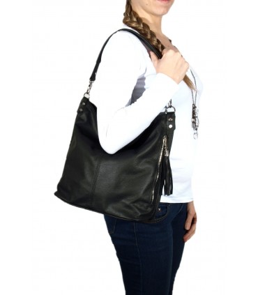 Black leather purse / sack / crossbody bag with fringe and wallet