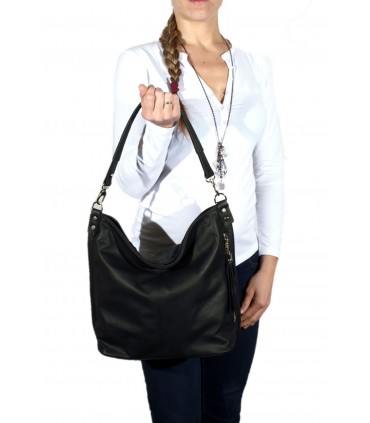 Black leather purse / sack / crossbody bag with fringe and wallet