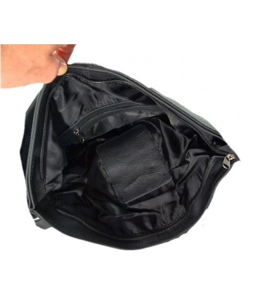 Black leather purse / sack / crossbody bag with fringe and wallet