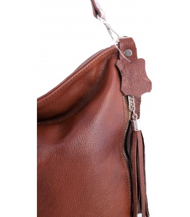 Brown, Cognac leather handbag / bag / crossbody bag with a fringe and a wallet