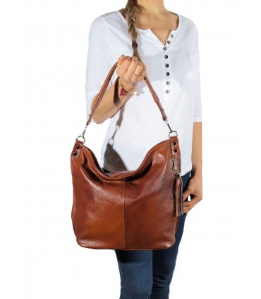Brown, Cognac leather handbag / bag / crossbody bag with a fringe and a wallet