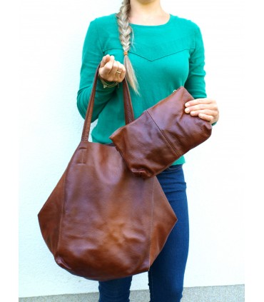 Leather Cognac 2in1 bag with a cosmetic bag,oversize handbag