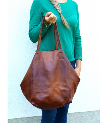 Leather Cognac 2in1 bag with a cosmetic bag,oversize handbag