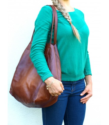 Leather Cognac 2in1 bag with a cosmetic bag,oversize handbag