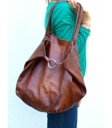 Leather Cognac 2in1 bag with a cosmetic bag,oversize handbag