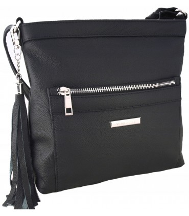 Skórzana  torebka Vera Pelle listonoszka z kieszenią i frędzlem czarna