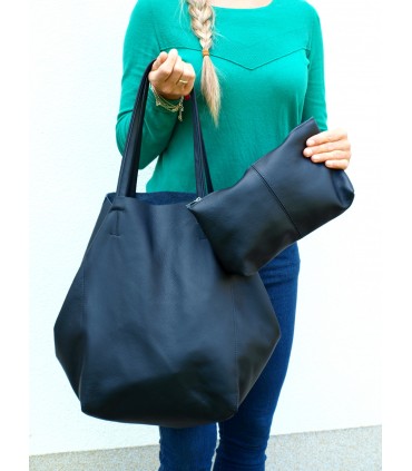 2in1 schwarze Lederhandtasche mit Kosmetiktasche