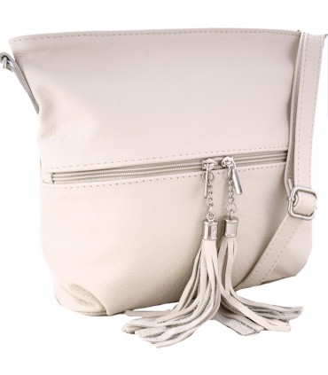 Skórzana  torebka listonoszka z frędzlem beżowa