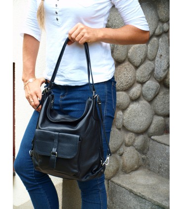 Skórzana czarna torebka/plecak/worek