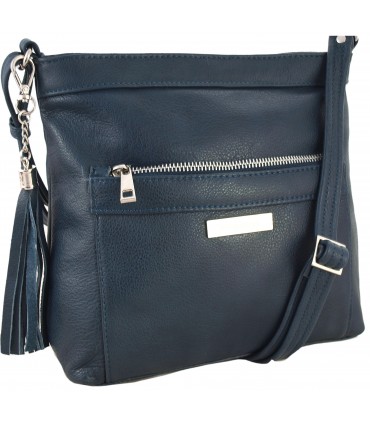 Skórzana  torebka Vera Pelle listonoszka z kieszenią i frędzlem GRANATOWA
