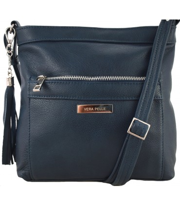 Skórzana  torebka Vera Pelle listonoszka z kieszenią i frędzlem GRANATOWA