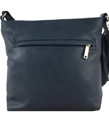 Skórzana  torebka Vera Pelle listonoszka z kieszenią i frędzlem GRANATOWA